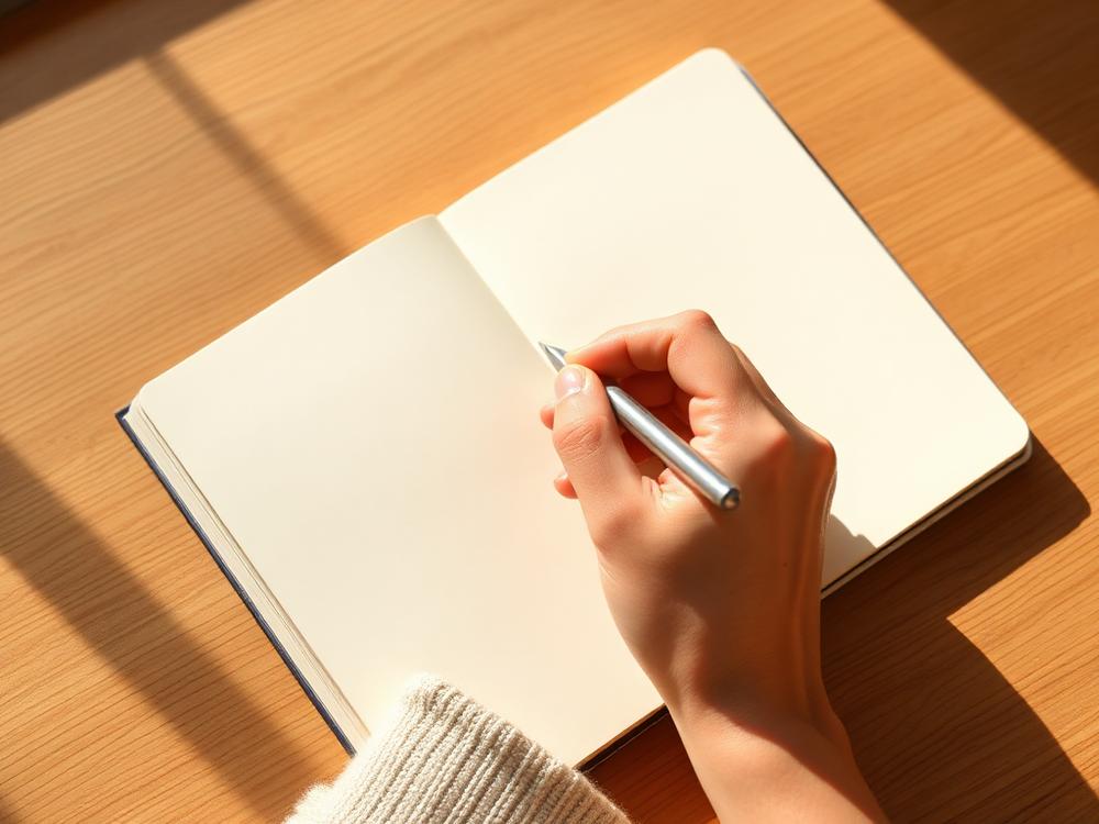 Writing in a notebook with a silver pen